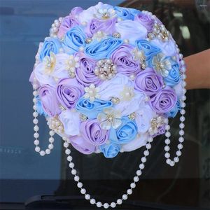 Flores de boda JaneVini 2024 Cascada Perlas Ramo de flores nupciales Alta calidad Púrpura Satén Rosa Azul Borgoña Cristal Lujo