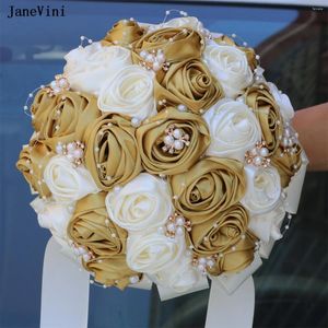 Flores de boda Janevini Elegante Gold de Oro Marfil Bouquets con perlas Rosas de satén artificiales Bouquet Ramo Boda Novia