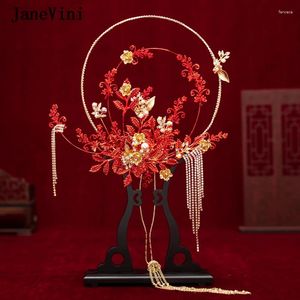 Fleurs de mariage Janevini Luxury Bridal Hand Fans Red Metal Feuilles Sparkly Bouded Chinese Bouquet Brides Holder Fan Ramo de Boda