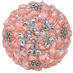 Fleurs de mariage de luxe strass mariée demoiselle d'honneur Bouquet coquille Rose Satin Rose perle diamant à la main église décoration XY012