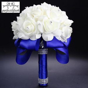 Flores de boda Perfectlifeoh blanco azul real rosa ramo de novia con diamantes de imitación ramos de cristal para bodas Brid