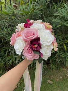 Wedding Flowers Pink White Bridal Bridesmaid Bouquet Handmade Artificial Flower Rose Silk Buque Casamento