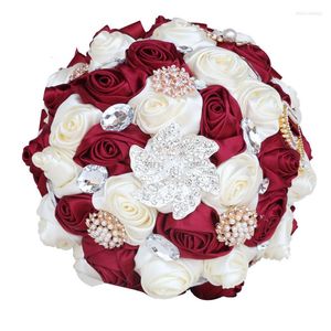 Flores de boda Rhinestone Novia Dama de honor Broche Ramo 18 cm Vino rojo Perla Diamante Satén Rosa Promoción Diy Suministros JH006