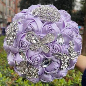 Fleurs de mariage Romantique Lavande Soie Rose Bouquet De Perles 18 25 Strass Bouquets De Mariée Country Designer