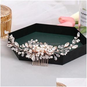 Peigne à cheveux de mariage Rose Gold Fleur Épingle à cheveux Diadème à la main Perle Strass Bandeau Bal Bijoux de mariée Accessoires Drop Deli Dhgarden Ot1Vz