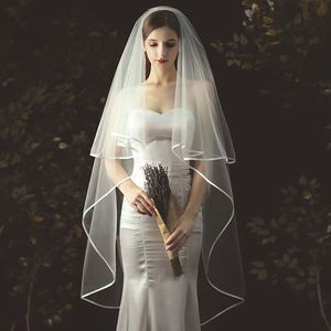 Wedding Hair Jewelry 2T Wedding Veil Short Tulle Ribbon Edge Bridal Veils Two Layer Bride Veils 230210