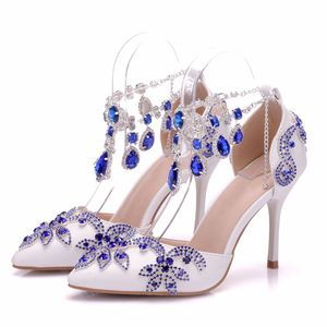 Mariage chaussures à talons hauts bleu Royal strass boucle sangles bout pointu femmes pompes 3 pouces à la main fille cadeau d'anniversaire