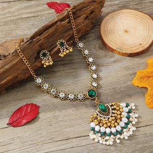 Ensembles de bijoux de mariage 3 pièces bijoux de style indien pour femmes Boho ethnique perle cristal gland collier boucles d'oreilles ensemble Vintage coloré Zircon 231123