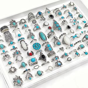 Conjuntos de joyería de boda 50/100 piezas / lote Vintage Boho Azul Piedra Anillos turquesas para mujeres Estilos de mezcla al por mayor Conjunto de anillos de dedo étnicos Regalos de fiesta 231009