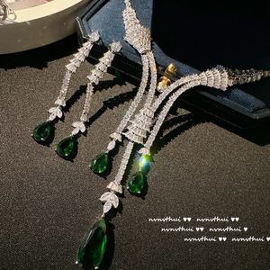 Conjuntos de joyería de boda Plata de ley 925 de lujo con borlas largas, collar, pendientes, conjunto de cristal ostentoso, circonita nupcial para mujer 231129