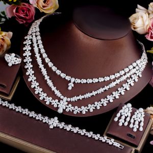 Ensembles de bijoux de mariage CWWZircons 4pcs Full Luxury Multi Layer Triple Big Necklace Dubai Nigerian Heavy CZ pour les mariées T665 230808