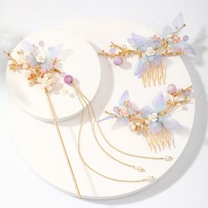 Ensembles de bijoux de mariage FORSEVEN Accessoires de cheveux chinois Femmes Perles de fleurs Épingles à cheveux Long Gland Coiffes Bâtons Peigne à cheveux Ensembles de bijoux de mariée 230717