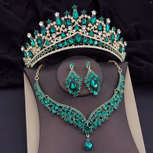 Wedding Jewelry Sets Green Crystal Crown Wedding Necklace Earring Sets Luxury Bridal Jewelry Sets for Women Prom Tiaras Bride Dubai Jewelry Sets 230313