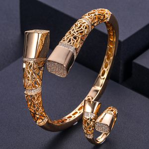 Conjuntos de joyería de boda Janekelly, conjunto de anillo de brazalete africano único de lujo para mujer, boda, circonita cúbica, india, Dubái, nupcial 230717