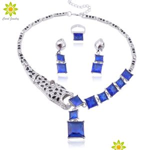 Ensembles de bijoux de mariage Ensemble de bijoux d'animaux de panthère léopard émail cristal strass collier plaqué boucles d'oreilles bague pour livraison directe Dh2Pw