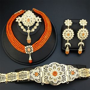 Parures de bijoux de mariage Neovisson élégant maroc ensembles de bijoux couleur or taille chaîne ceinture Orange cristal collier ras du cou goutte boucle d'oreille broche cadeau 231204