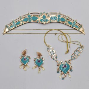 Ensembles de bijoux de mariage femmes jasmin couronne royale bandeau boucles d'oreilles pendentif collier ensemble sarcelle habiller princesse adultes enfants Costume Kit 230608