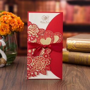 Suministros para banquetes de boda Tarjeta de invitación de boda con corte láser rojo dorado Tarjetas de felicitación con corazón de amor rosa Personalizar con cinta 20220905 E3