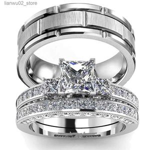 Anneaux de mariage 2023 Bague de couple pour femmes exquise strass zircone ensemble de bagues simples en acier inoxydable bague pour hommes bijoux de mode cadeau pour les amoureux Q240315