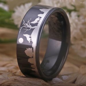 Anneaux de mariage 8mm Tuyau noir Bague en carbure de tungstène Wolf Lasered Seagull / Paysage forestier / Panda / Cerf / Chasse / Anniversaire FL