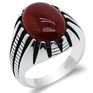 Anneaux de mariage 925 Sterling Silver Hommes Bague Prong Réglage Naturel Agate Rouge Pierre Rétro Punk Thai pour Homme Femmes Fine Bijoux 230830