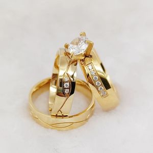 Anneaux de mariage Africain Dubai 18 carats plaqué or ensemble de bijoux en acier inoxydable Ringe amoureux Cz diamant promesse bague de fiançailles pour les couples 231123
