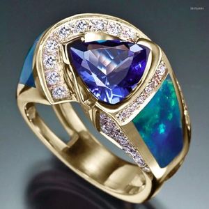Anillos de boda, llegada, anillo de ópalo de fuego azul, piedra Drak para mujer, compromiso, cristal dorado, joyería de lujo, regalos, accesorios