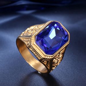 Anneaux de mariage Grand carré bleu cristal topaze pierres précieuses diamants pour hommes masculin or rempli en acier inoxydable Bague bijoux bandes de doigt 231206