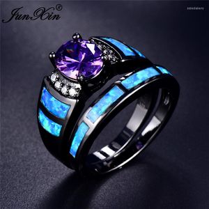 Anillos de boda Boho Femenino Purple Stone Ring Juego de oro negro Vintage Opal para mujeres Promise Love Circon Engagement