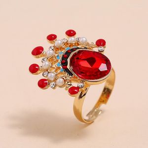 Anneaux de mariage Culture traditionnelle chinoise opéra de Pékin cristal rouge ouvert pour les femmes Vintage perles créatives réglable visage anneau fête