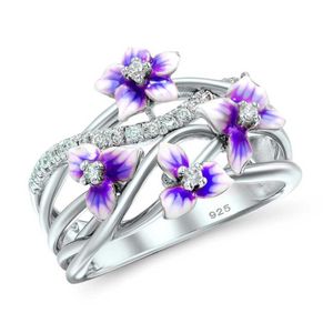 Anneaux de mariage délicat argent zircon fiançailles de mariée pour les femmes élégantes belles fleurs violettes émail multicouche bague de mariagemariage