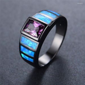 Anneaux de mariage élégant femme bleu opale de feu bague mode 14KT or noir pour les femmes promesse violet carré fiançailles