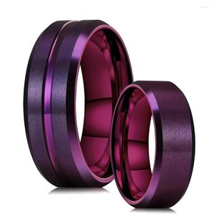 Anillos de boda Moda 8 mm Púrpura Acero inoxidable para hombres Mujeres Color Cepillado Borde biselado Pareja Bandas Joyería