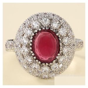 Anneaux de mariage Superbe femme ovale rouge Zircon pierre bague de fiançailles pour les femmes de luxe Micro Pave blanc couleur cristal bijoux de mariage Dhs5D