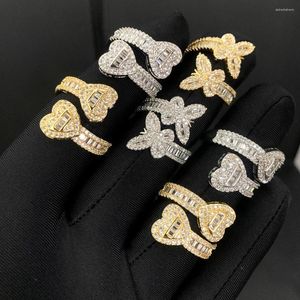 Anneaux de mariage glacés Bling 5A zircon cubique Double deux bague en forme de coeur pour les femmes ouvert ajusté bijoux de mode