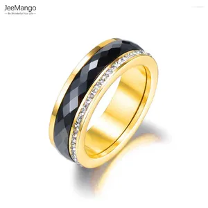 Anneaux de mariage Jeemango 316l en acier inoxydable Black Ceramics Jewelry Gold Color Cumbic Zirconia fiançailles pour femmes JR18013