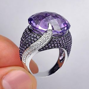 Anillos de boda de lujo elegante grande redondo púrpura circón piedra de cristal para mujer joyería nupcial de diamantes de imitación al por mayor