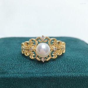 Anneaux de mariage MeiBaPJ 7-8mm perles semi-rondes naturelles dentelle évidé anneau ouvert Fine mode mariages bijoux pour femmes en gros