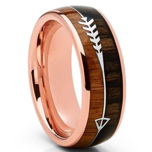 Anillos de boda para hombre, 8MM, acero inoxidable, tono dorado rosa, banda de flecha, anillo de caza, anillos con incrustaciones de madera de Koa, boda