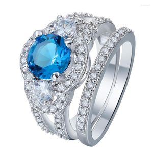 Anneaux de mariage promesses de luxe romantique ensembles Blue Green Zircon Women Jewelry Princess Micro Paveed CZ Ring