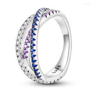Anillos de boda brillante púrpura azul Triple línea plata Color geometría dedo para mujer anillo regalo o niña joyería de lujo