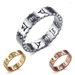 Anillos de boda Anillo budista vintage de moda Oro / Oro rosa / Color plata Acero inoxidable Om Mani Padme Hum Mantra Hollow para mujeres Hombres Rita22