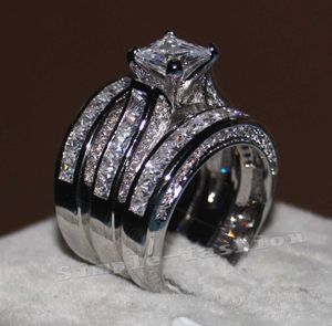 Anillos de boda Vecalon Joyería fina Corte princesa 20ct Cz diamante Anillo de compromiso Juego de anillos para mujeres 14KT Oro blanco lleno de dedo con caja 20ess