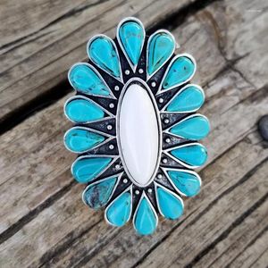 Anneaux de mariage Vintage Tibet Boho Argent Couleur Pierre Verte Pour Femmes Fête Turquoises Antique Grand Ovale Sculpté Bague Fille Cadeau