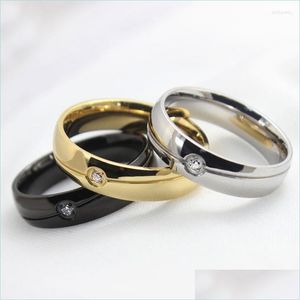 Anillos de boda Anillos de boda Hombre Mujer Anillo de titanio Oro rosa Color Burnish Cubic Zirconia Flush Setting Band Acero inoxidable para W Dhyg8