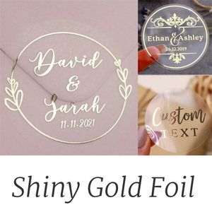 Wedding Stickers Real Foil Shiny Gold Custom Stickers Labels Personalised Baptism Birthday Clear 100 Pcs 220608