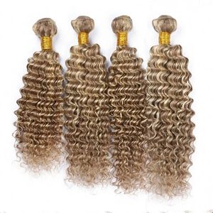 Tramas # 8/613 Extensiones de cabello virgen de color de piano Onda profunda Ondulado 4 piezas Resaltado marrón mezclado con color de piano rubio Tejido de cabello humano indio