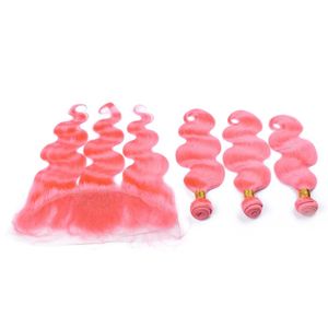 Tramas de cabello humano brasileño de color rosa, 3 paquetes con cierre frontal de encaje completo de 13x4, extensiones de tramas de cabello virgen de color rosa con frontal