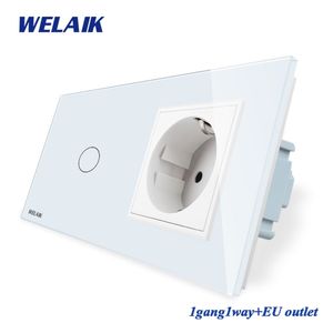 WELAIK, interruptor de pared con 2 marcos, Panel de cristal, pantalla táctil de la UE, toma de pared de la UE, 1 entrada, 1 vía, AC250V A29118ECW/B T200605