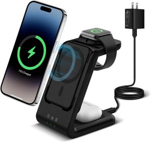 WENATURE Station de chargement sans fil 3 en 1, support de chargeur rapide compatible pour iPhone/Apple Watch/Airpods, batterie Mag-Safe 5000 mAh USB C Power Bank pour 15 14 13 12